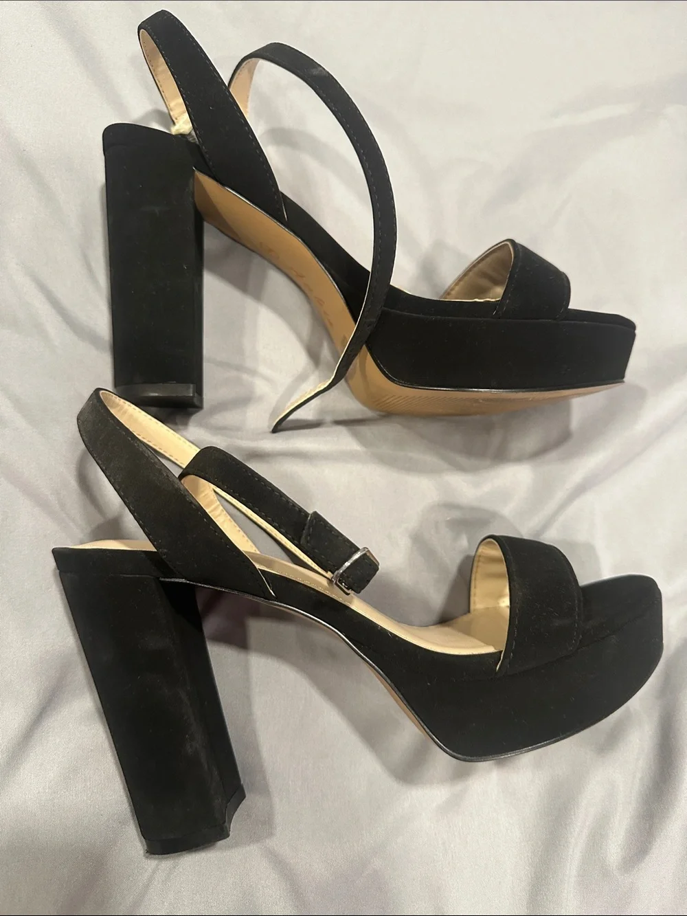 Size 7 Black Platform Slingback Heels stacked faux suede pinup vintage